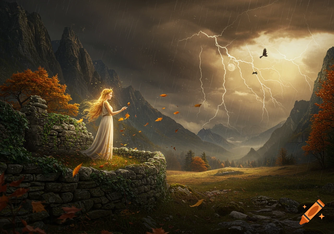 A blonde woman in a white dress stands on a stone wall, surrounded by falling leaves, under a stormy sky with lightning over mountains.