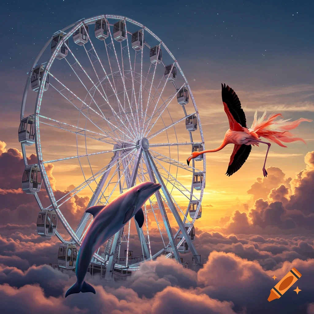 A surreal scene of a dolphin jumping near a Ferris wheel in the sky, with a flamingo flying nearby during sunset.
