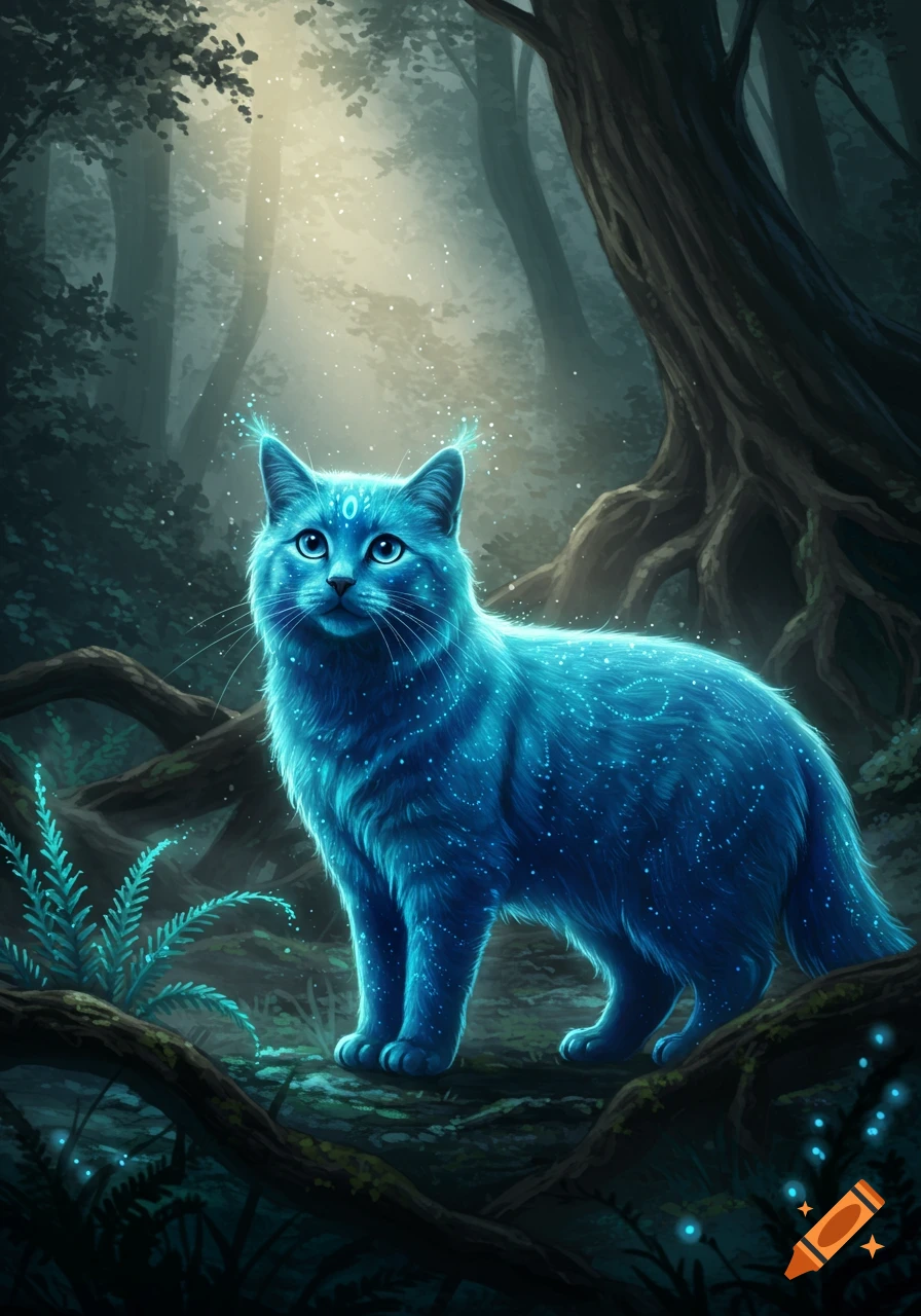 A luminous blue cat with glowing specks stands in a magical, misty forest with light filtering through the trees, digital art.