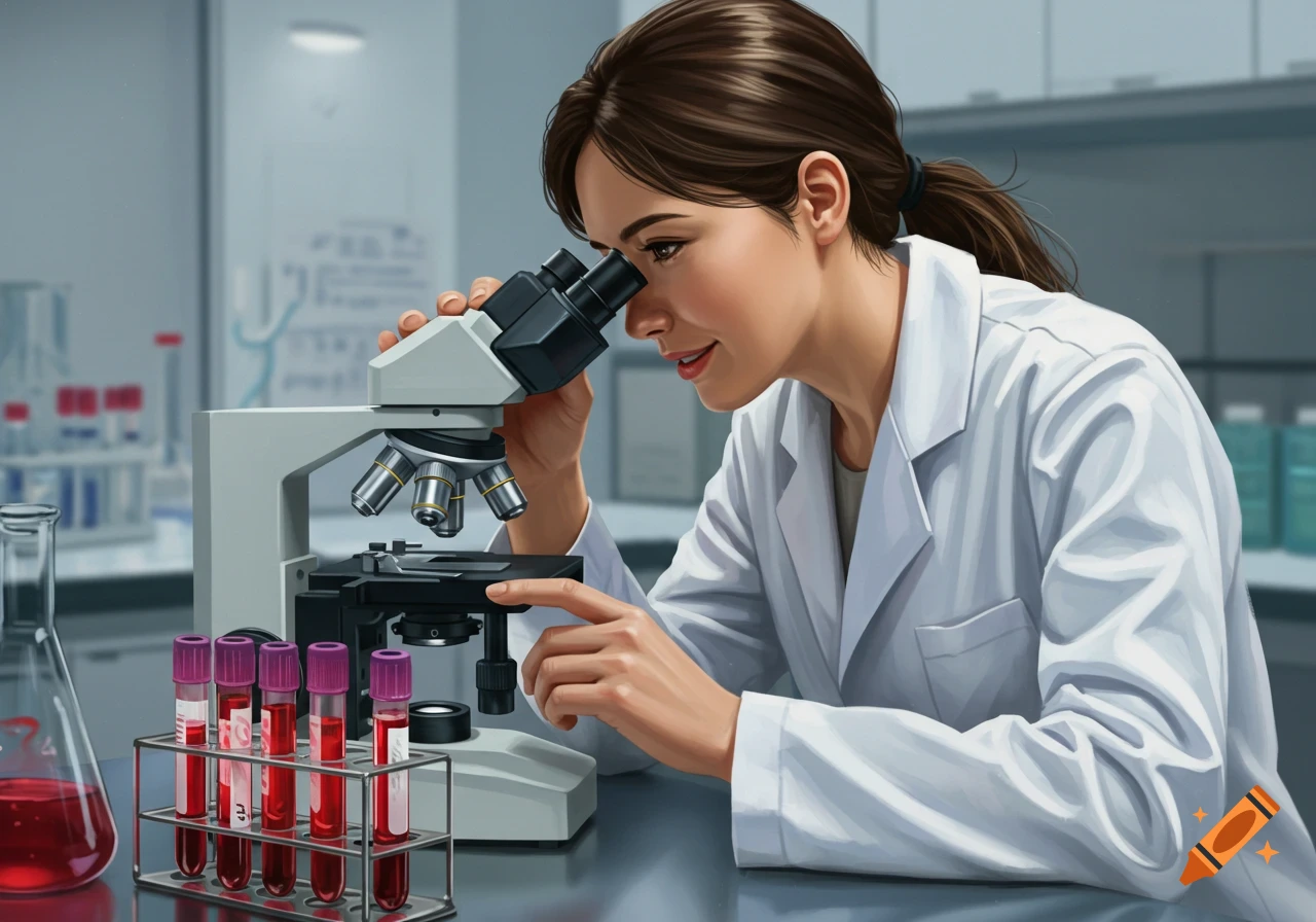 A female scientist in a white lab coat looks into a microscope, with a rack of blood sample tubes on the lab bench.