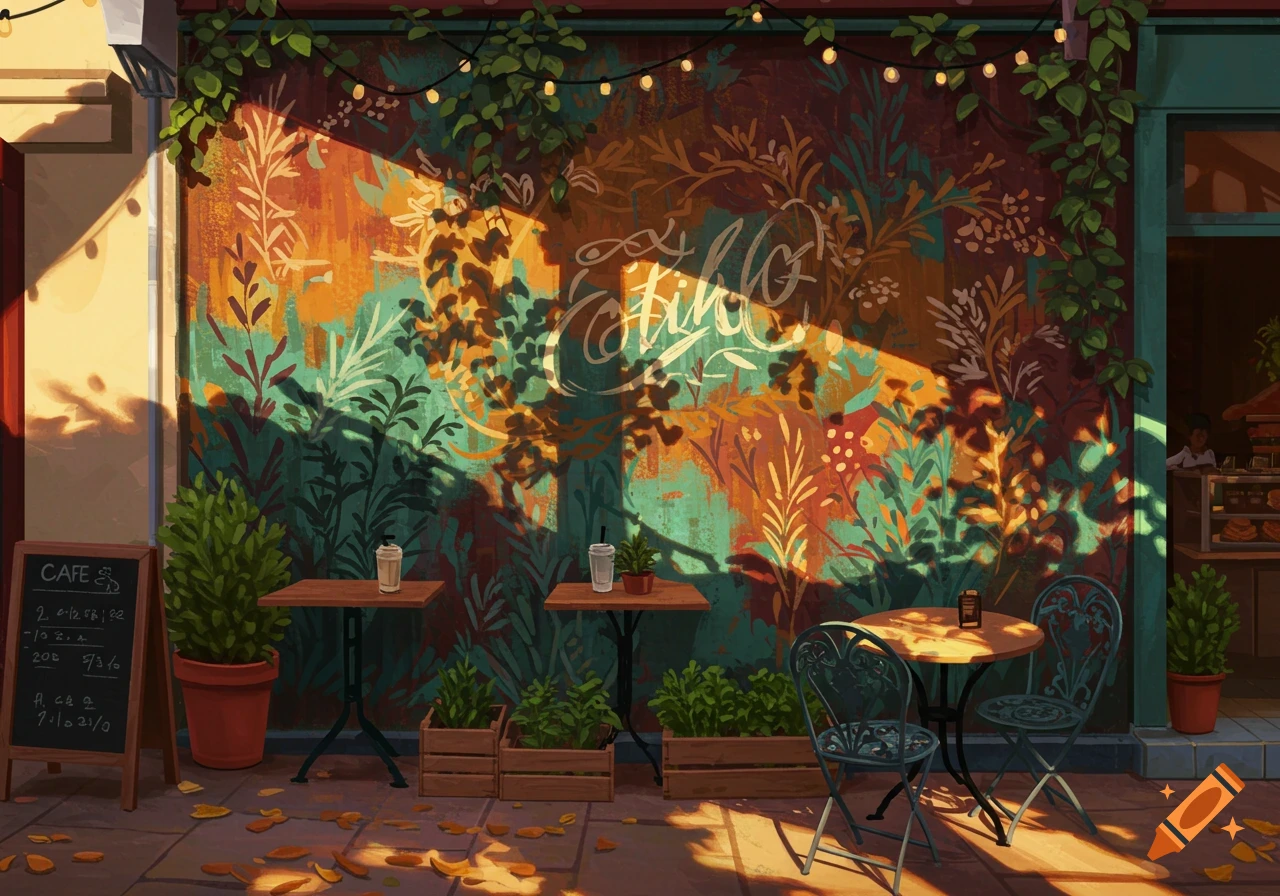 An artistic illustration of a cafe exterior with a vibrant, leafy mural on the wall, and outdoor seating with tables and chairs.