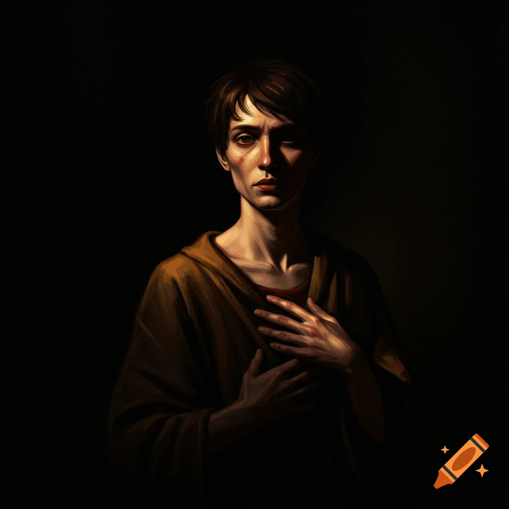 A dramatic portrait painting of a person with short brown hair and a gaunt face, hands held to their chest, against a dark background in the style of Caravaggio.