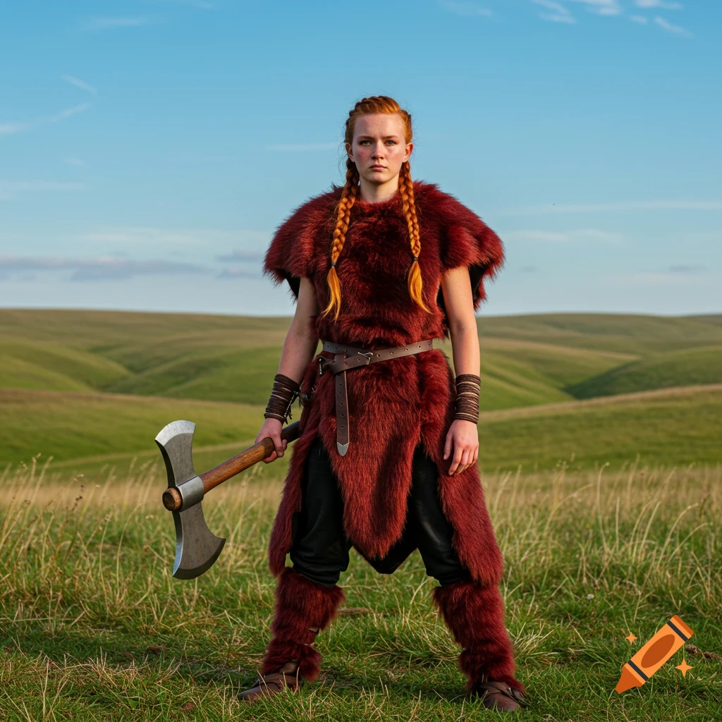 A red-haired female barbarian with braided hair stands in a grassy field, holding a double-bladed axe, wearing a red fur outfit.