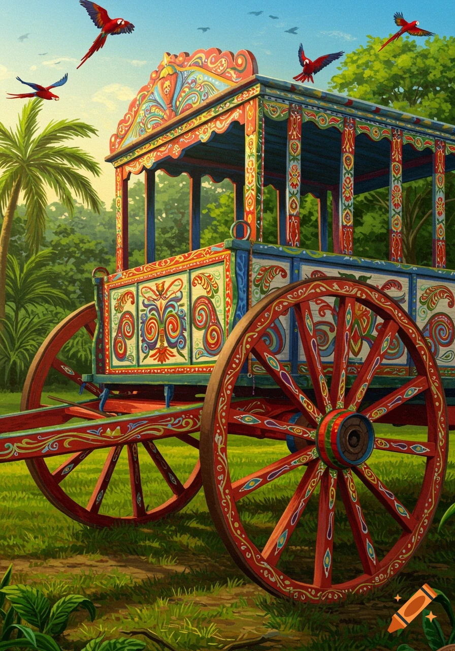 A vibrantly decorated traditional Costa Rican oxcart in a lush green landscape with flying parrots, in an illustrative style.