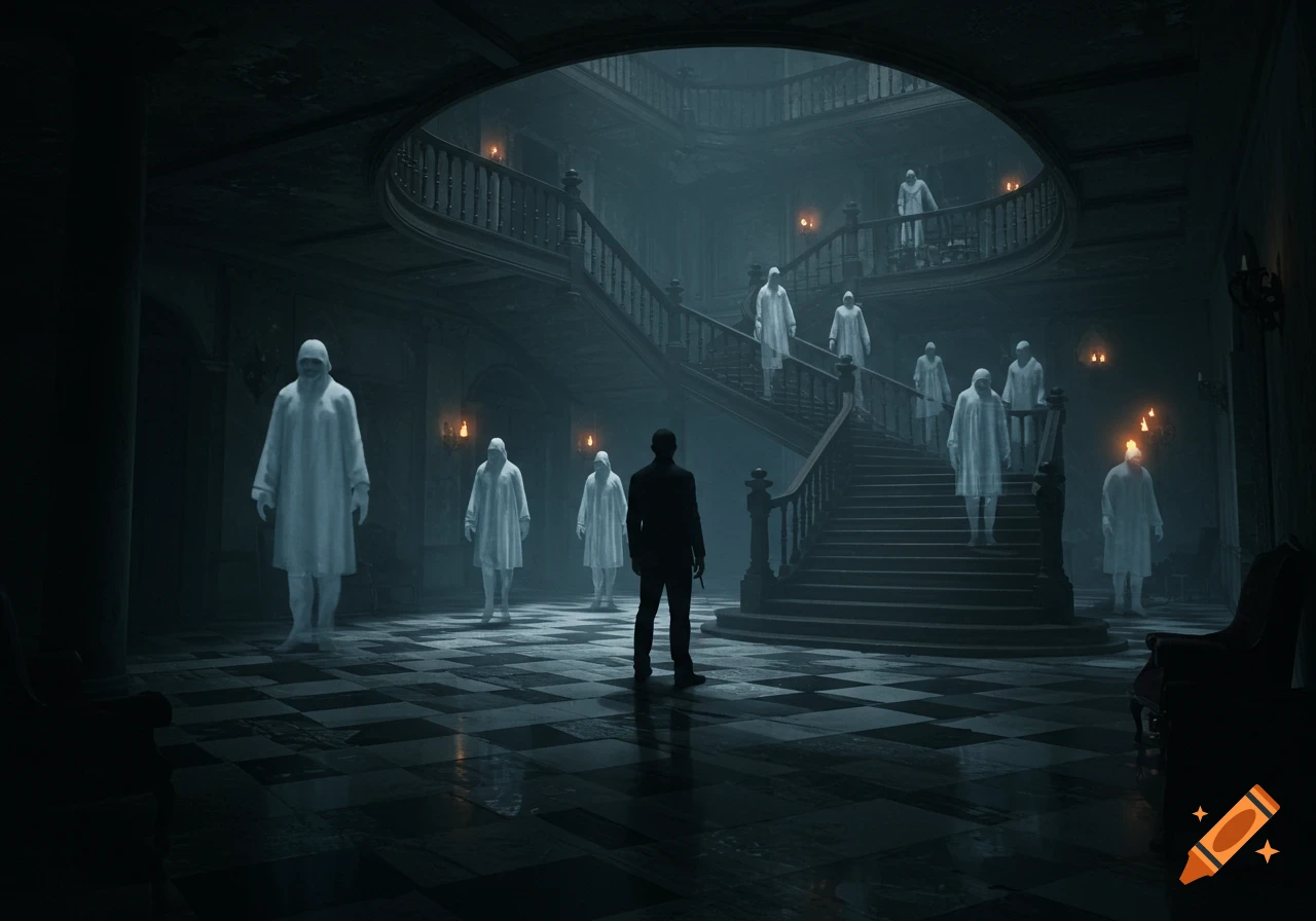 A man in a dark suit stands in a gloomy, ornate mansion, facing numerous translucent white specters on a checkerboard floor and grand staircase.