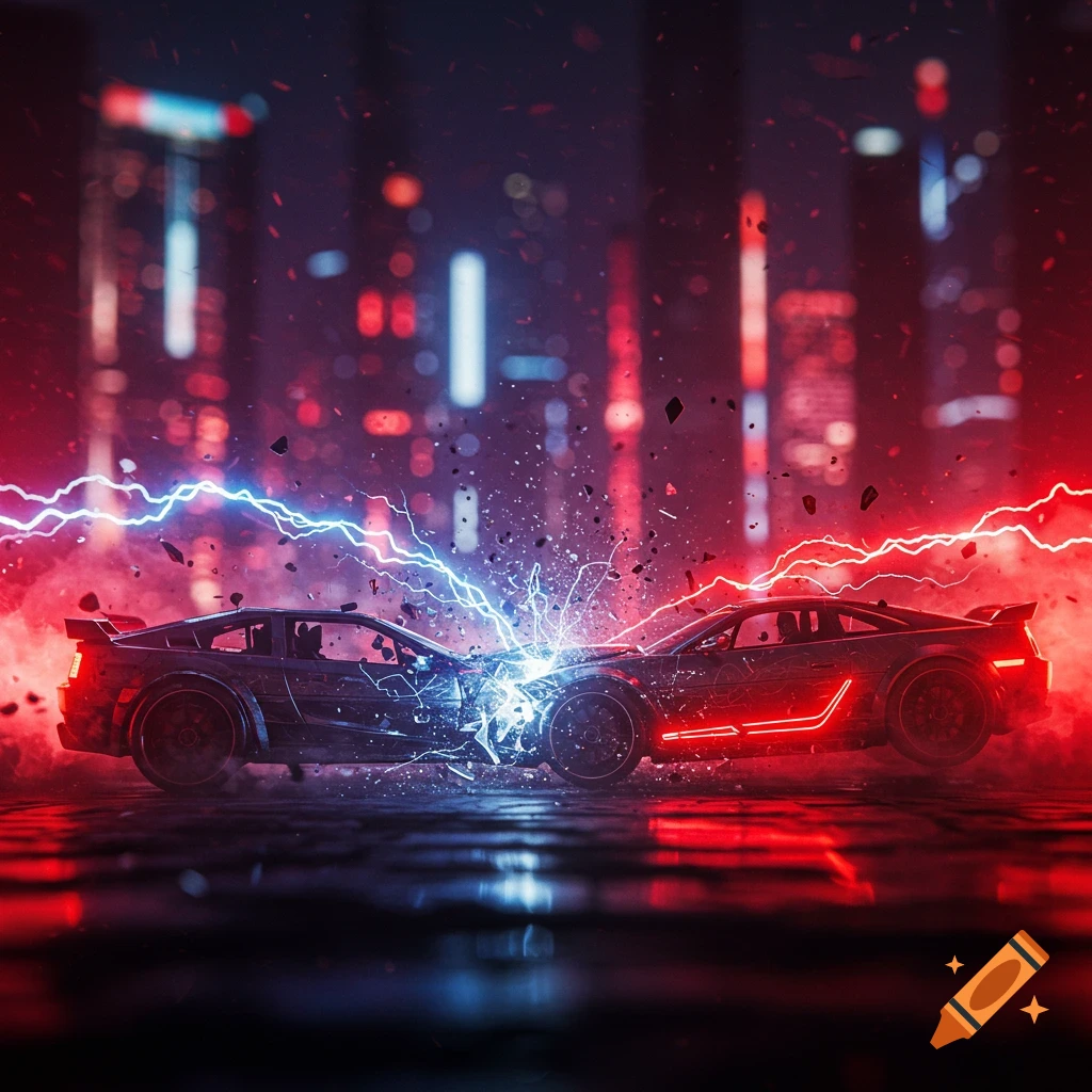Two futuristic cars collide head-on with electric blue and red lightning sparks against a blurred, neon-lit city skyline.