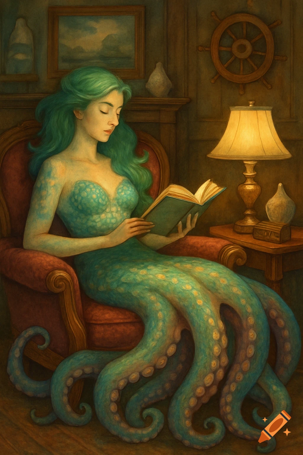 A green-haired mer-octopus reads a book in a red armchair, in a dimly lit room with nautical decor.