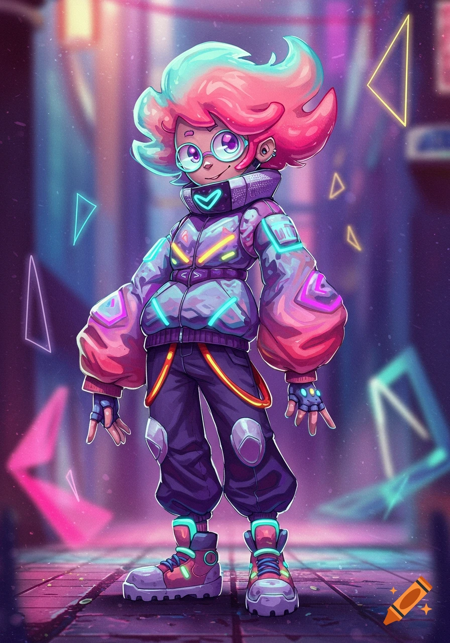 A stylized cartoon character with pink and blue hair, wearing a neon-lit futuristic jacket and pants, standing in a purple cyber cityscape.