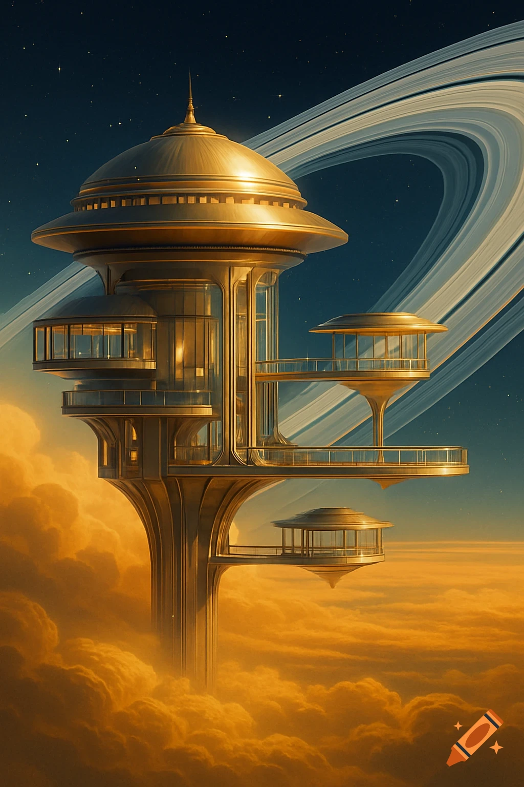 Golden futuristic hotel structure floating above orange clouds with a view of a planet's rings and starry sky.
