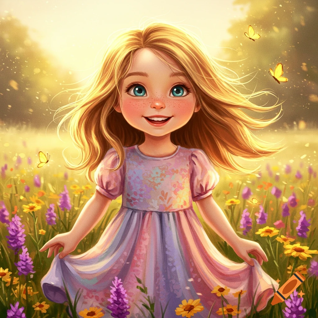 A cute, smiling cartoon girl with blonde hair stands in a sunny field of purple and yellow wildflowers with butterflies.