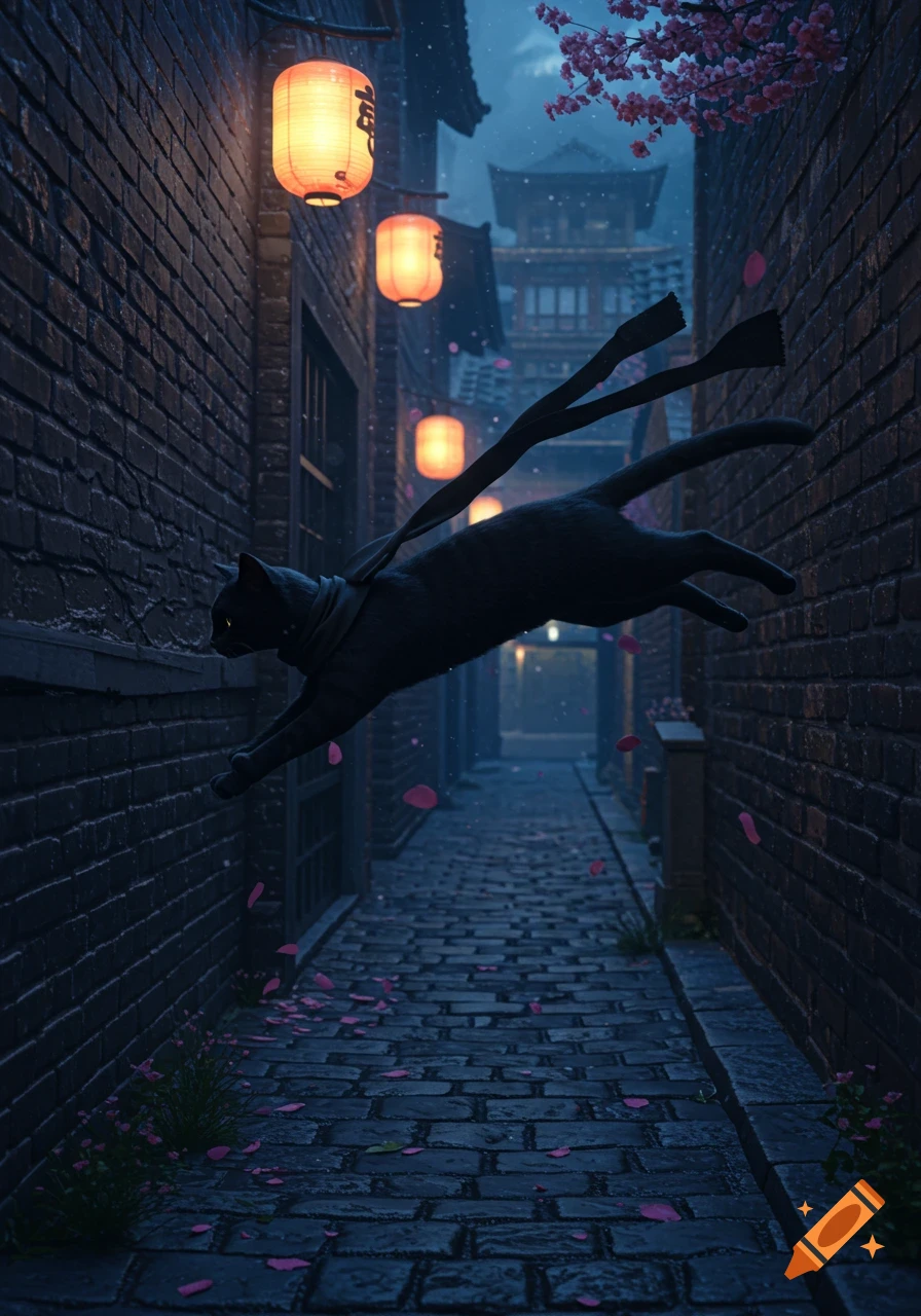 A stylized black cat leaps through a dark, narrow alleyway lined with traditional Japanese buildings, glowing lanterns, and falling pink cherry blossoms.