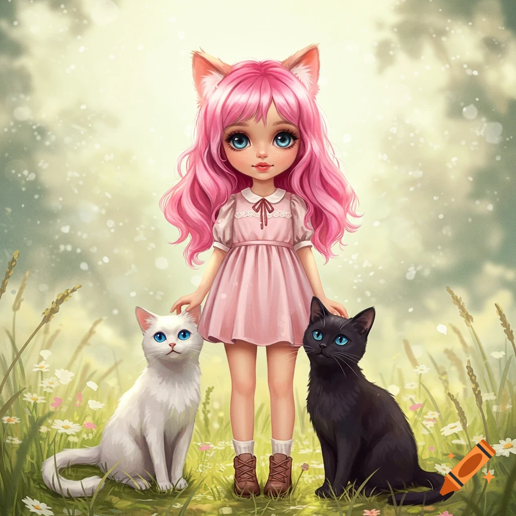A cute, stylized girl with pink hair and cat ears stands in a grassy field, petting a white and a black cat.