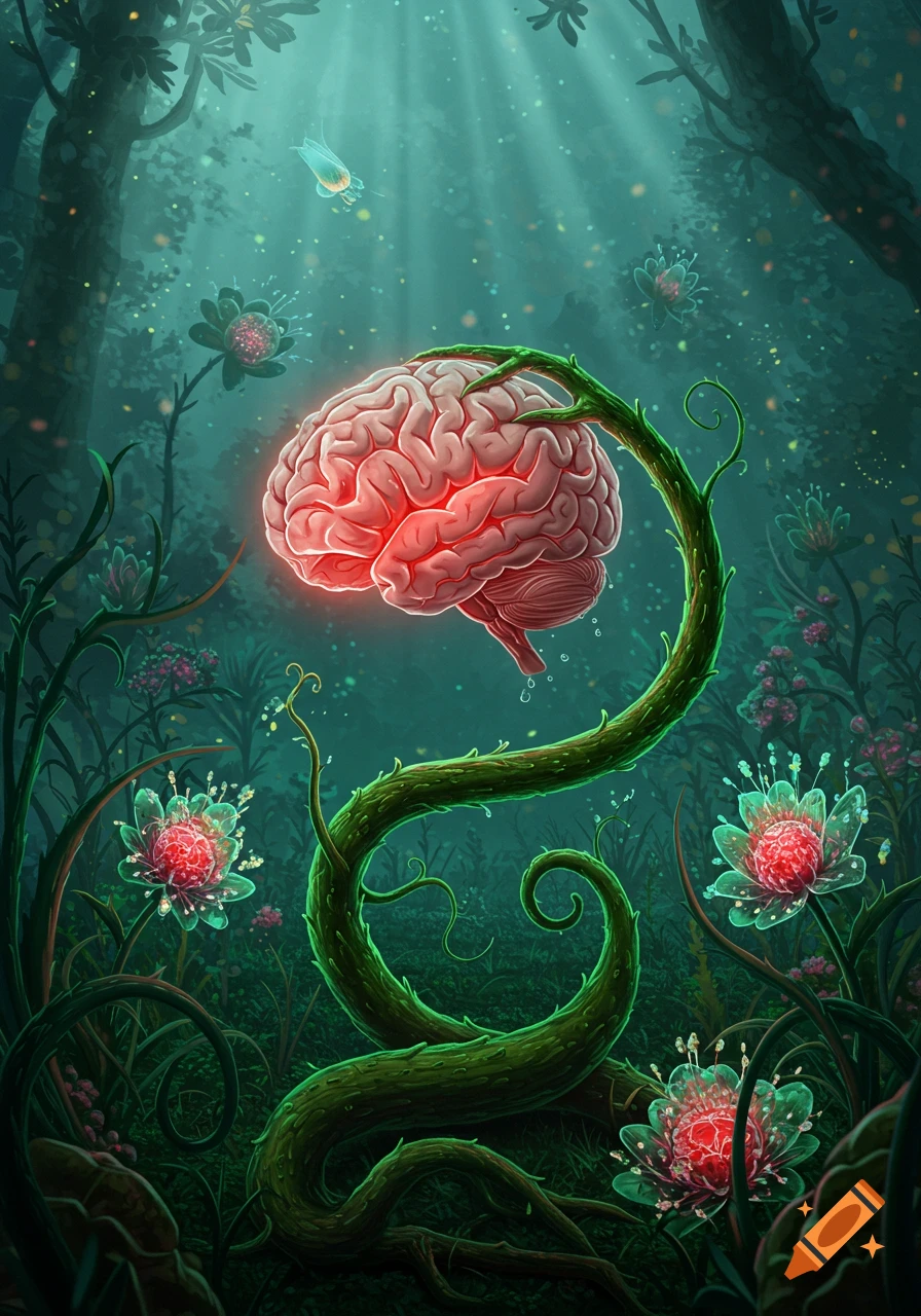 A glowing pink brain held by a twisted vine in a lush, dark forest with fantastical, bioluminescent plants, rendered in an illustrative style.