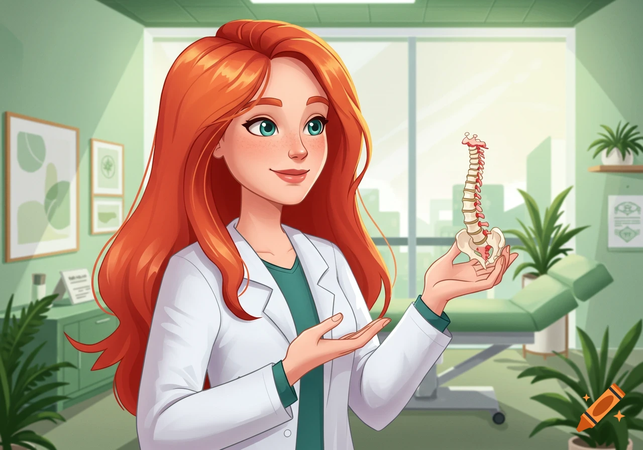 A cartoon chiropractor with long red hair, wearing a white coat, smiles and holds a model of a human spine in a modern clinic.