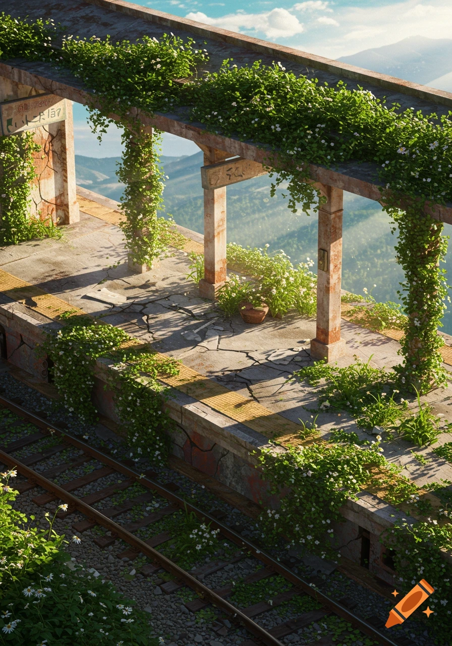 Isometric view of an abandoned, overgrown train station platform and tracks, covered in green vines and white flowers, with mountains in the background under a cloudy sky.