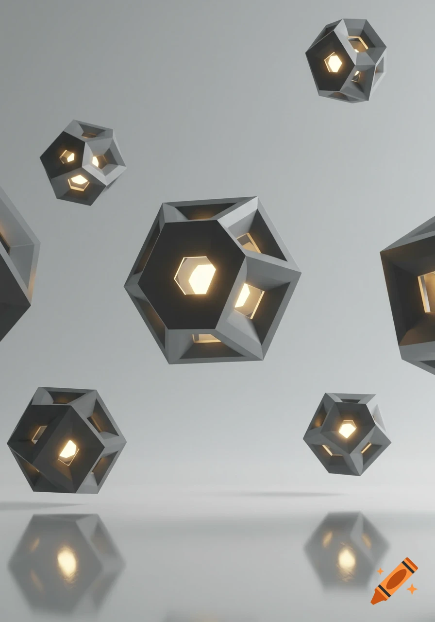 Several dark gray geometric shapes with glowing yellow centers float above a reflective surface against a light gray background, 3D rendered.