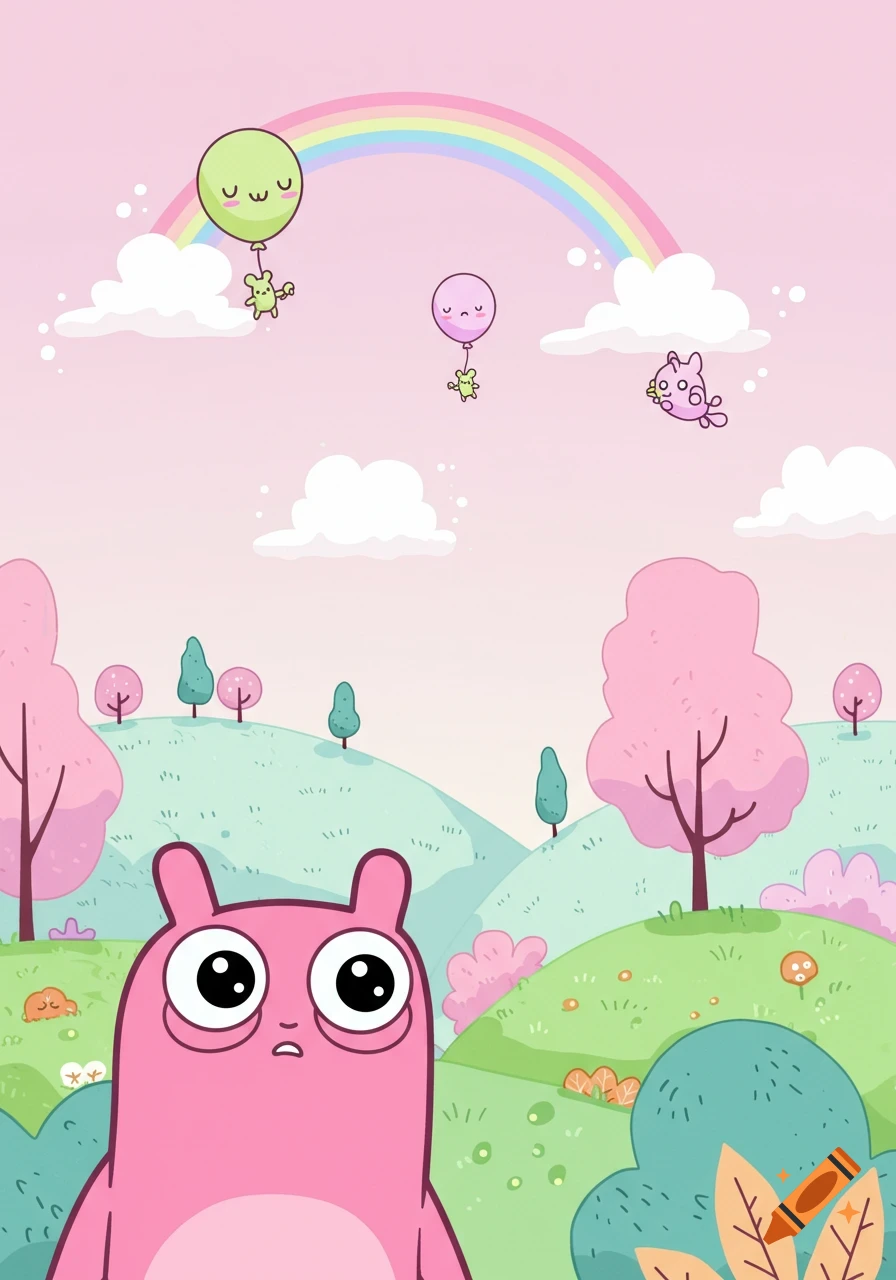 A large pink cartoon creature looks up at small green and pink creatures floating with balloons under a rainbow in a whimsical, colorful landscape.