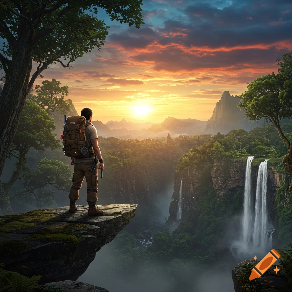 A lone man with a backpack stands on a cliff edge overlooking a vast jungle valley with waterfalls and mountains at sunset, photorealistic style.
