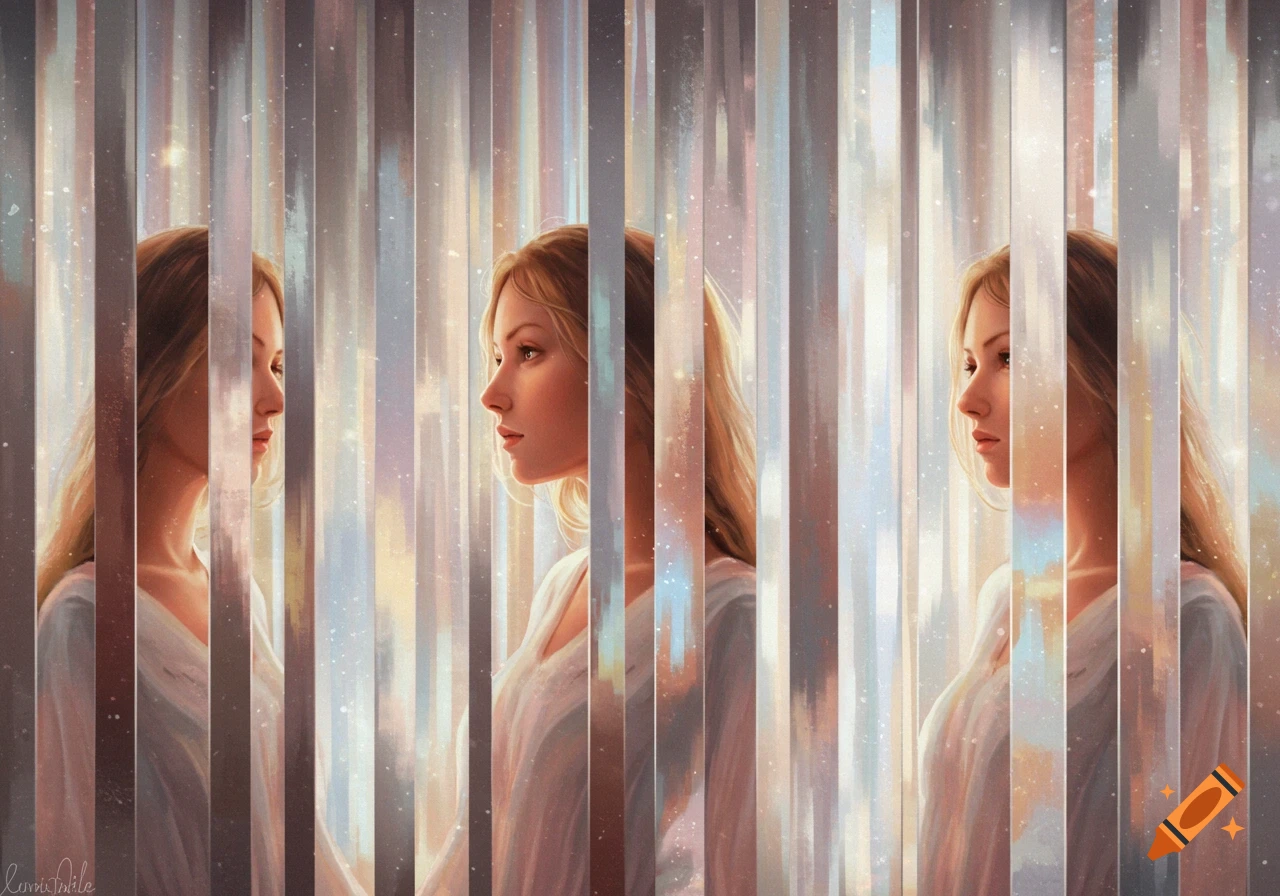 A woman's profile is fragmented and reflected across multiple vertical mirror stripes, with a soft, painted background of light.