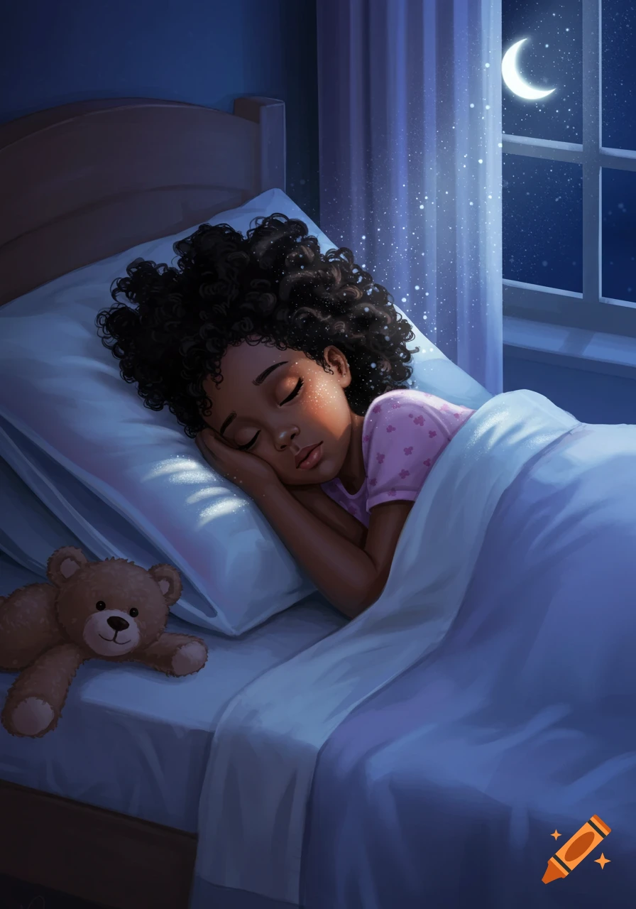 Illustrated young Black girl sleeping peacefully in bed, illuminated by moonlight through a window, with a teddy bear.