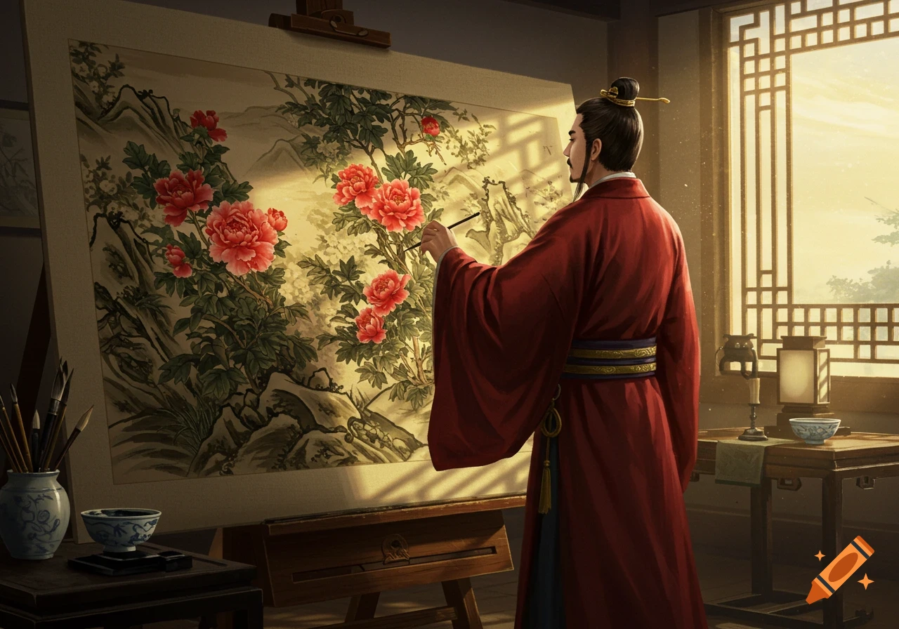 A Chinese artist in a red robe paints a large silk painting of red peonies and a landscape on an easel.