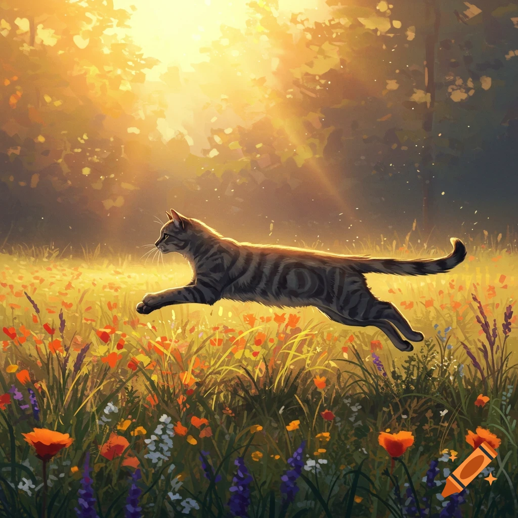 A tabby cat leaps across a sunlit field filled with colorful wildflowers, with trees in the background, in an illustrative style.