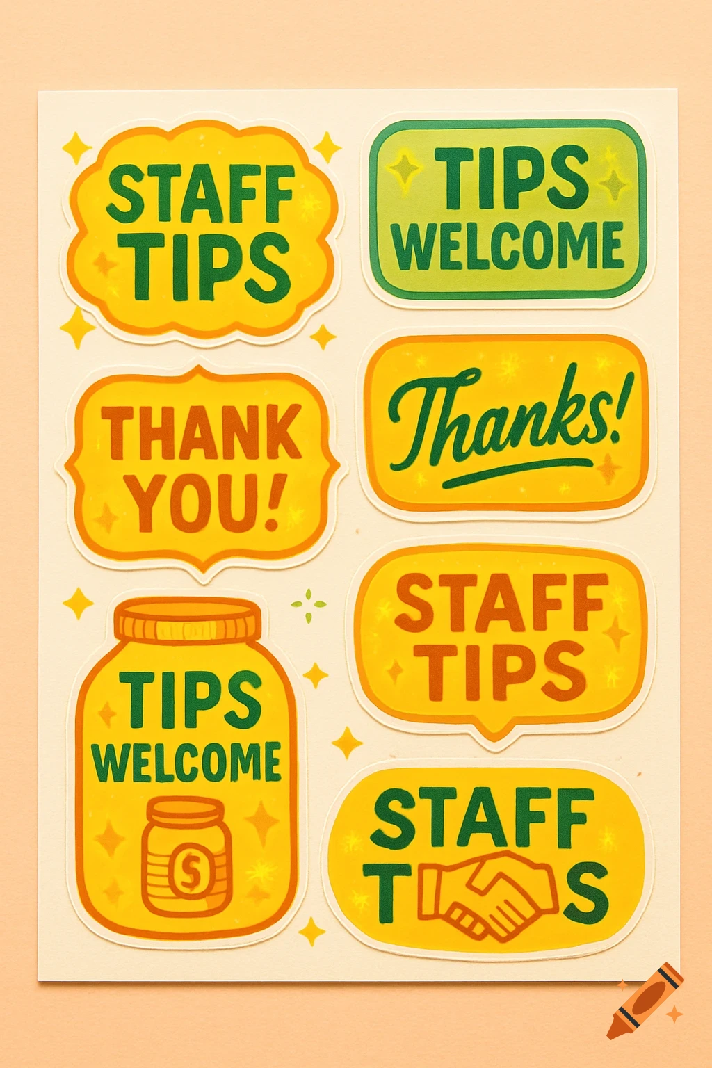 Sheet of colorful stickers with phrases like 'STAFF TIPS', 'TIPS WELCOME', 'THANK YOU!', and 'Thanks!'. Yellow, green, and orange.