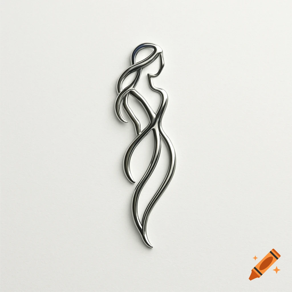 A shiny silver abstract outline of a woman's figure, stylized like a metallic logo or pendant, on a white background.