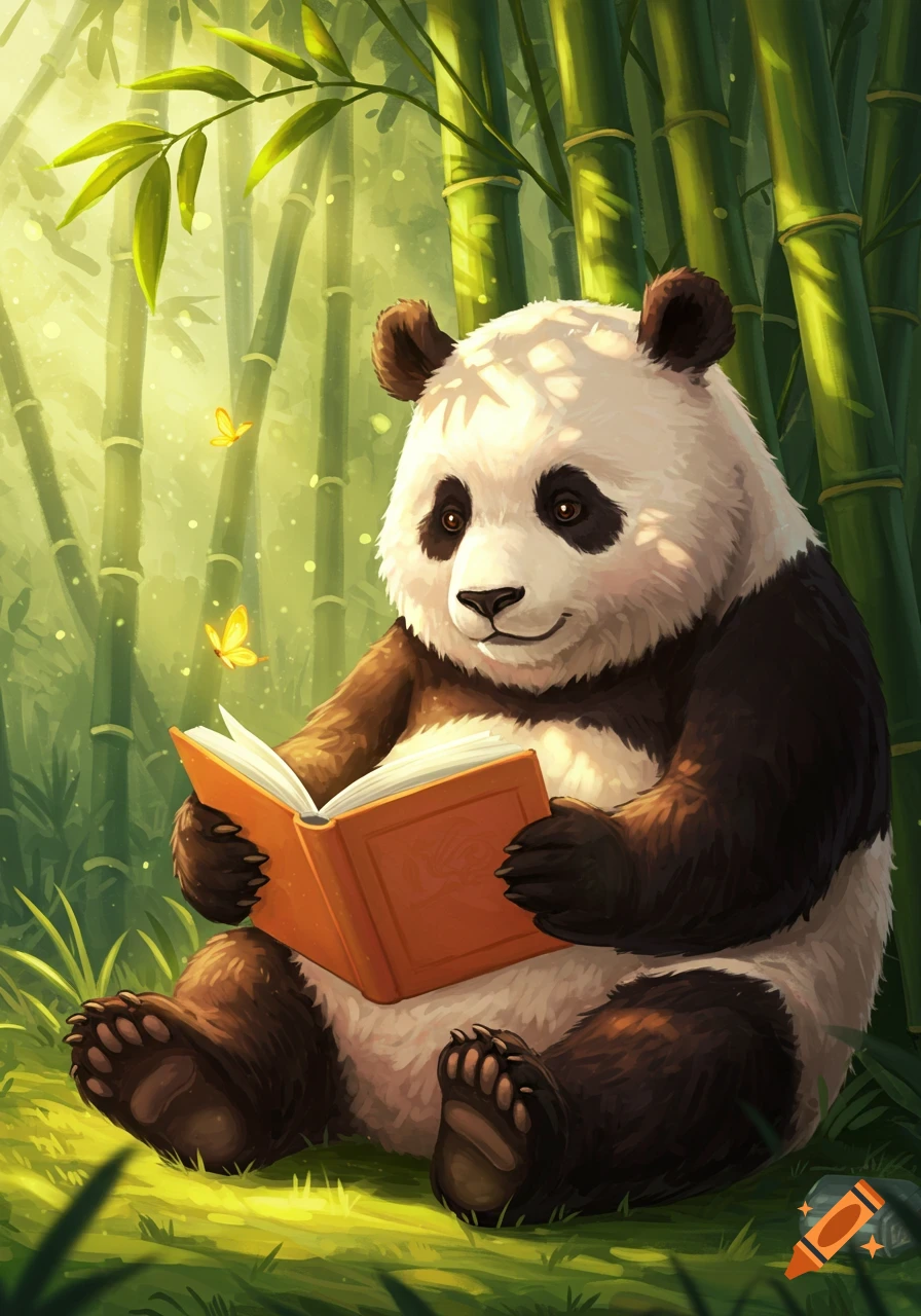 A cute cartoon panda sits in a sunny bamboo forest, reading an orange book, with butterflies fluttering around.