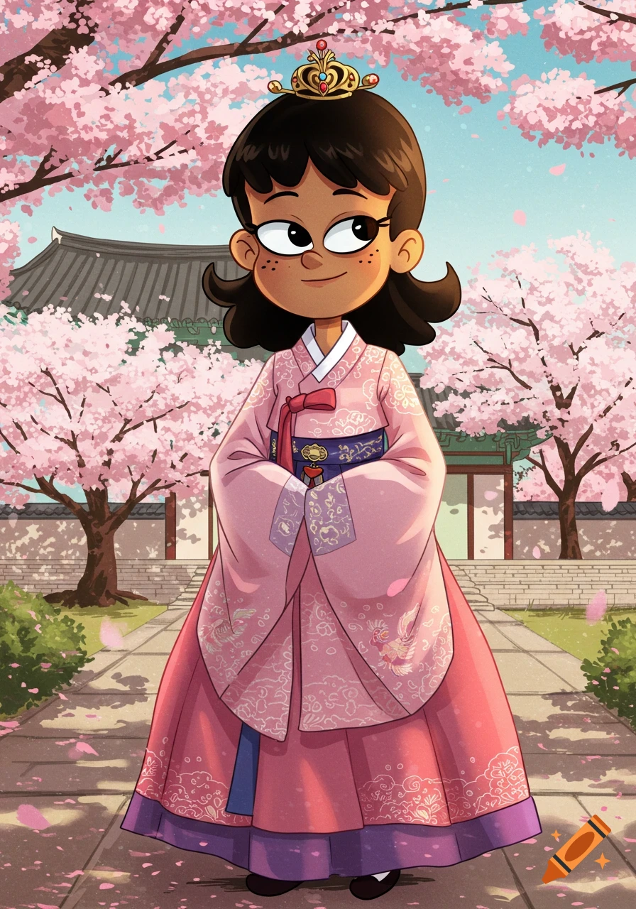 Stella Zhau in a pink hanbok with a crown, standing among cherry blossoms in front of a traditional Korean building. Cartoon style.