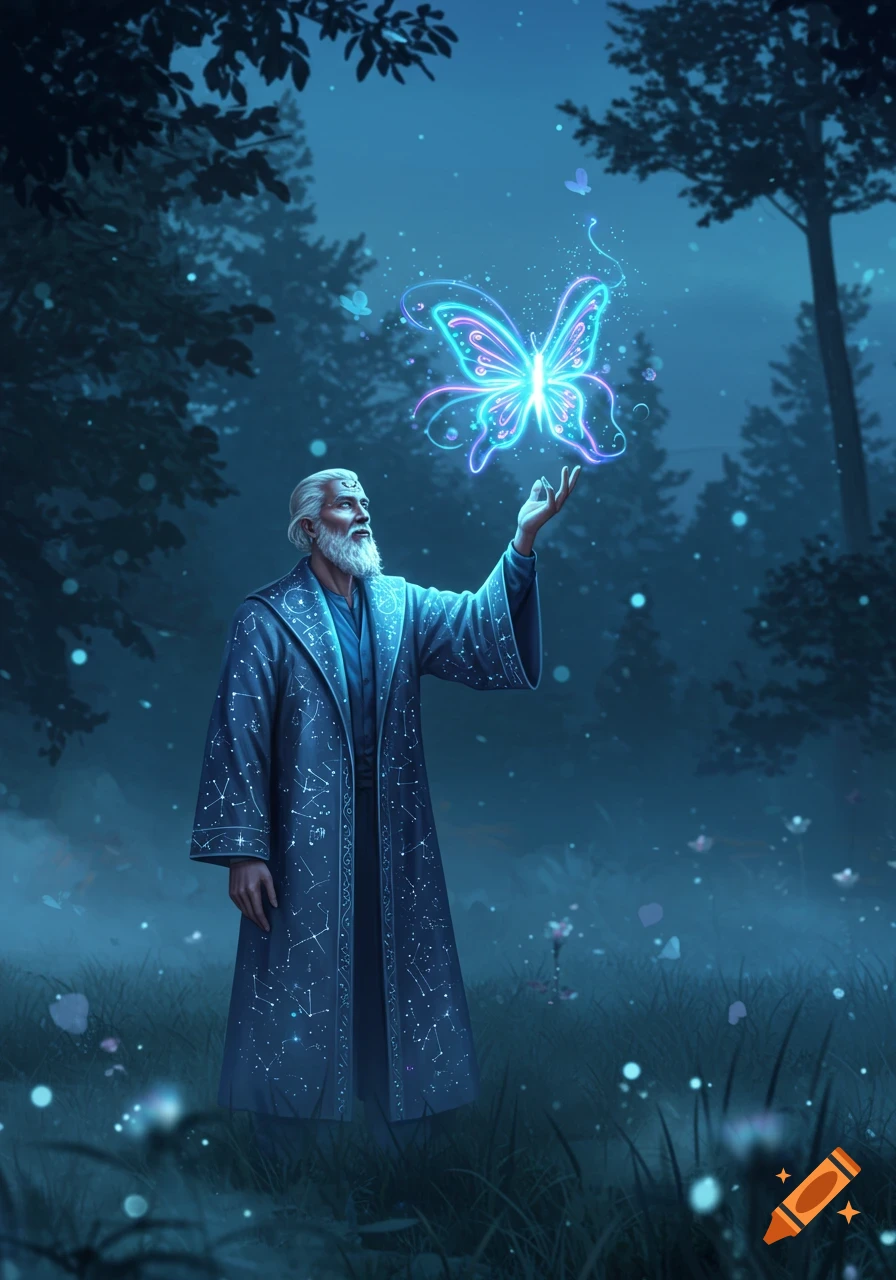 A wise wizard in a constellation robe summons a glowing neon butterfly in a mystical, dark forest. Digital art.