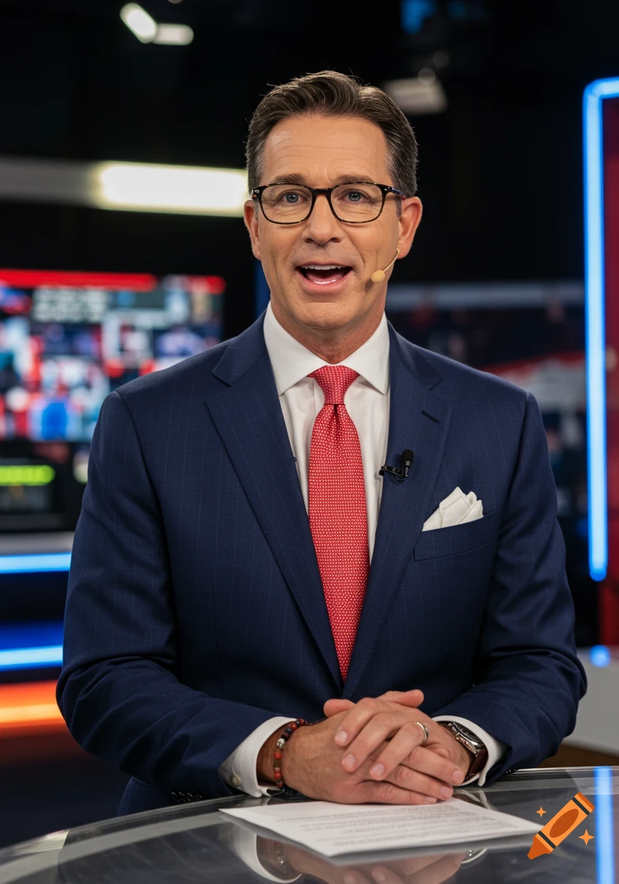 A smiling man in a blue pinstripe suit and red tie, wearing glasses, sits at a desk in a news studio.