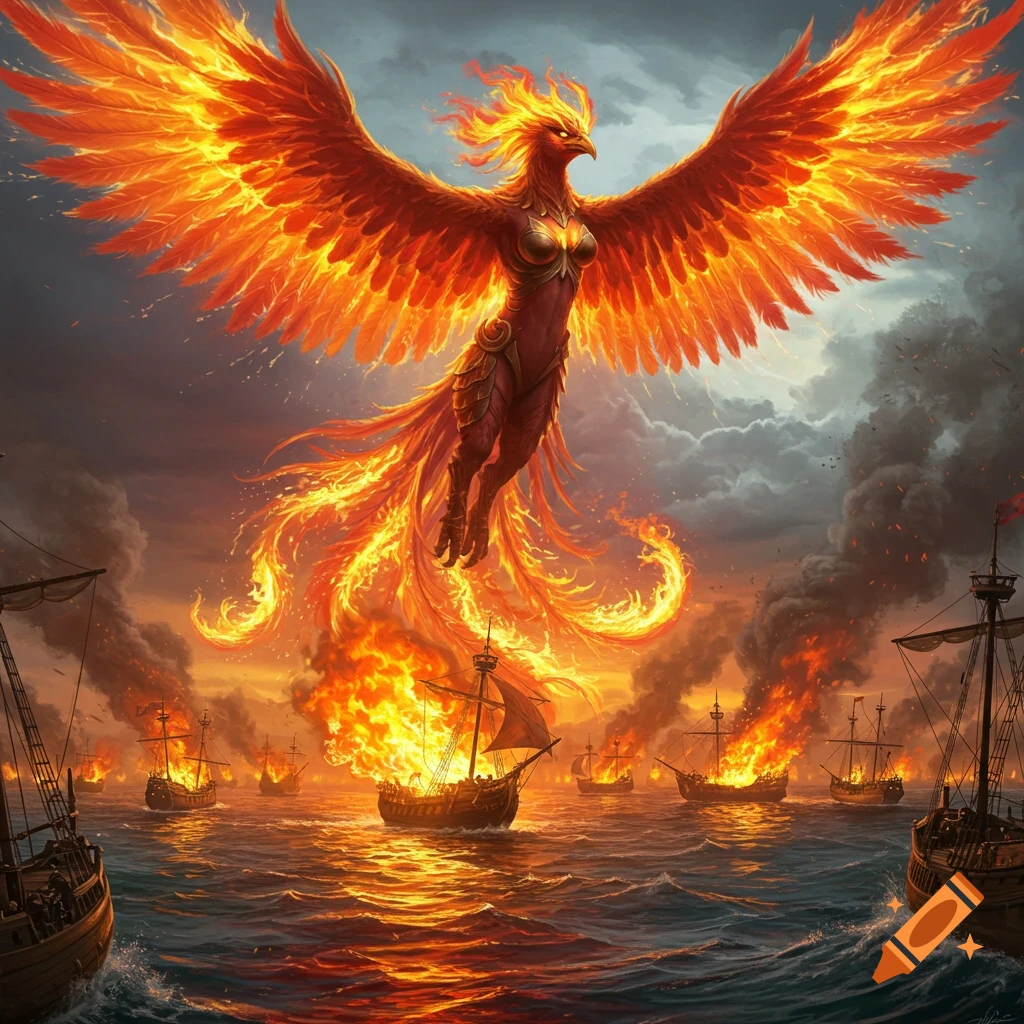 A majestic fiery phoenix with outstretched wings soars over a stormy ocean where numerous wooden ships burn fiercely at sunset, fantasy art.