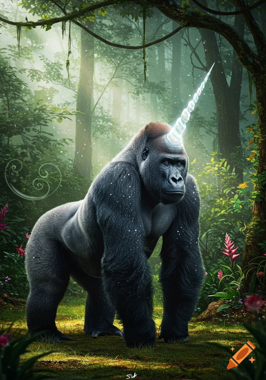 Photorealistic gorilla with a glowing unicorn horn standing in a lush, misty jungle.