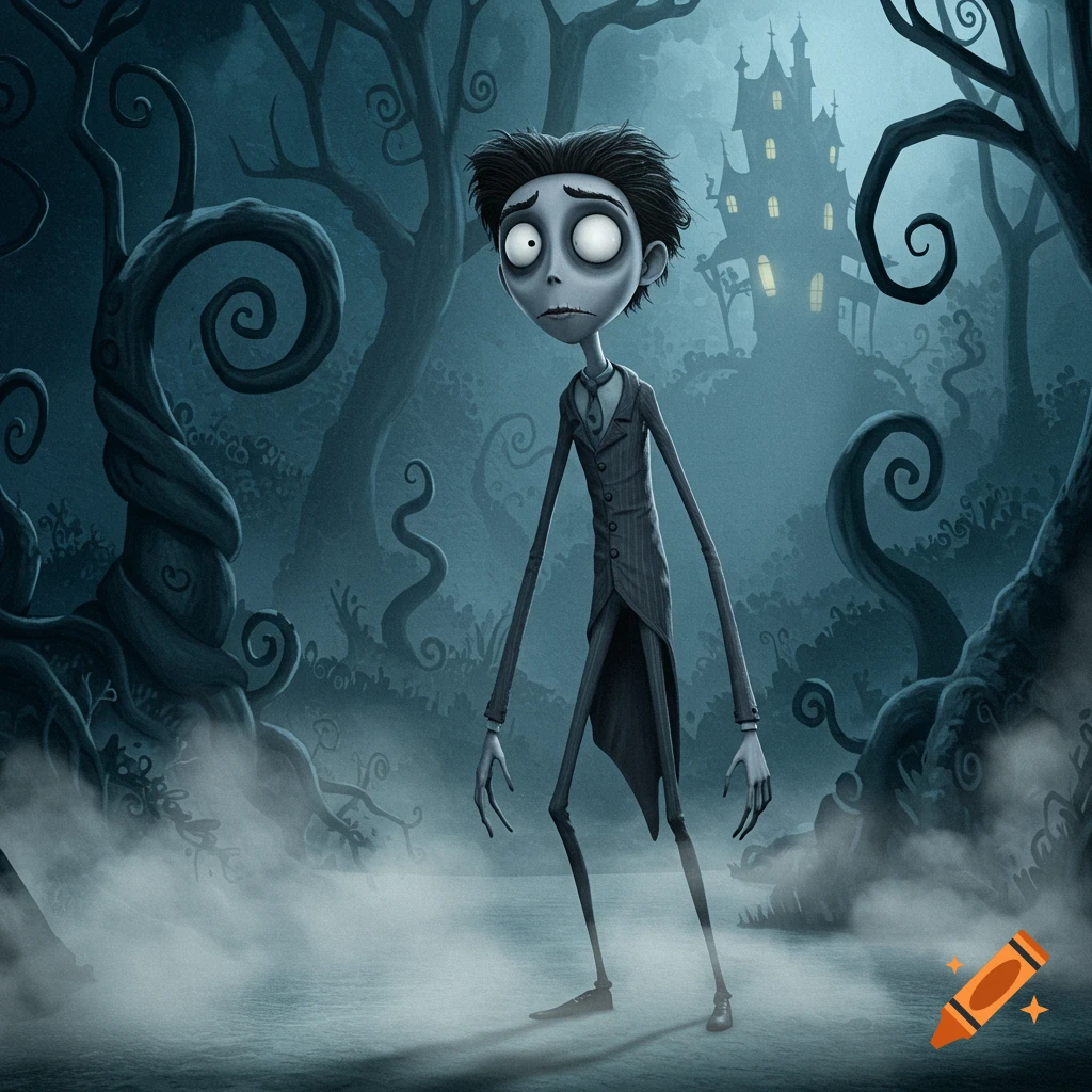 A thin, pale character with wide eyes stands in a misty, dark Tim Burton-style forest with twisted trees and a gothic castle.
