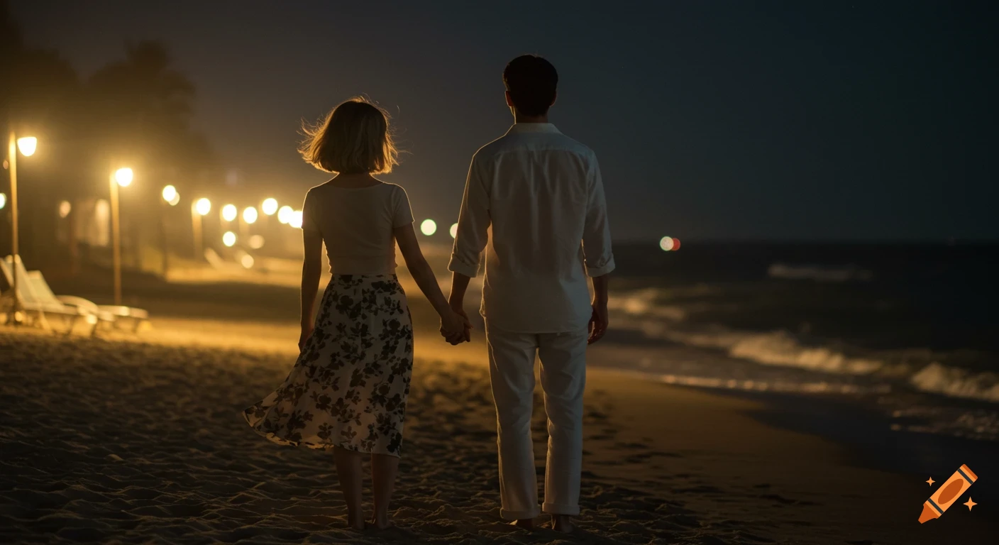 A couple holding hands walks on a sandy beach at night, illuminated by soft lamp lights and gentle waves, photorealistic.