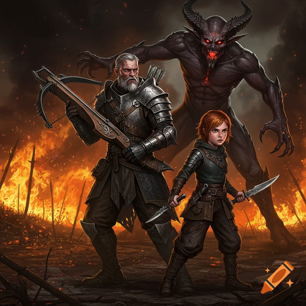 An older male demon hunter and his female apprentice confront a large horned demon in a fiery, desolate landscape. Dark fantasy art.