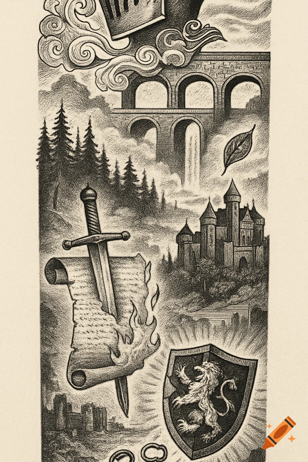 Blackwork medieval fantasy drawing with a knight's helm, aqueduct, castle, sword piercing a flaming scroll, and lion shield.