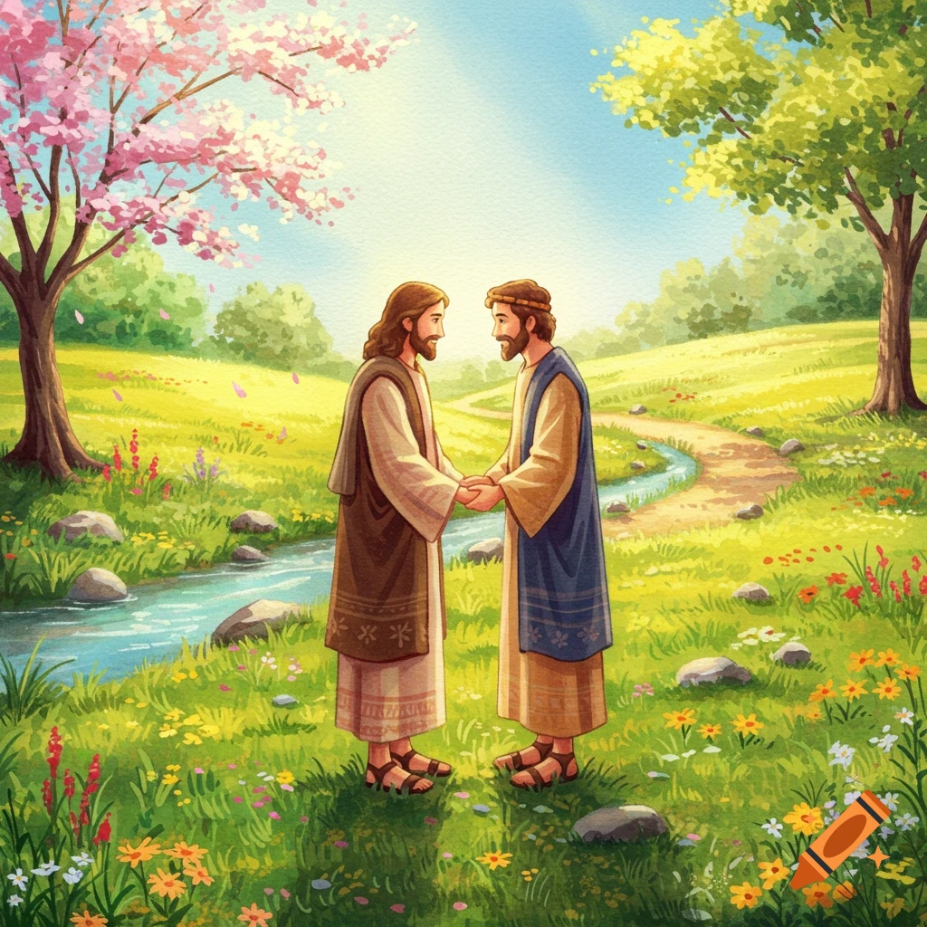Watercolor illustration of Jesus and John holding hands in a lush, sunny pastoral landscape with a stream and blooming trees.