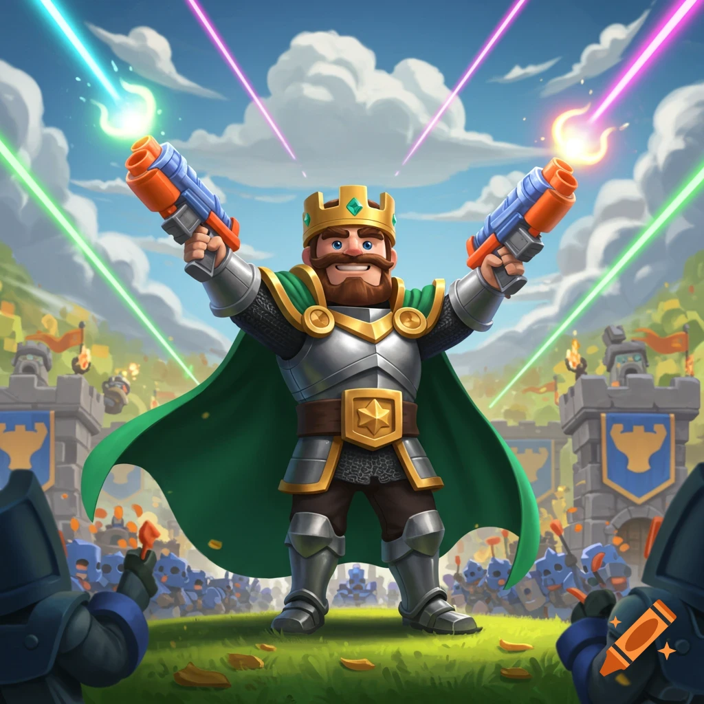 A stylized cartoon king in armor and green cape holds two Nerf blasters, firing laser beams during a battle in front of a castle.