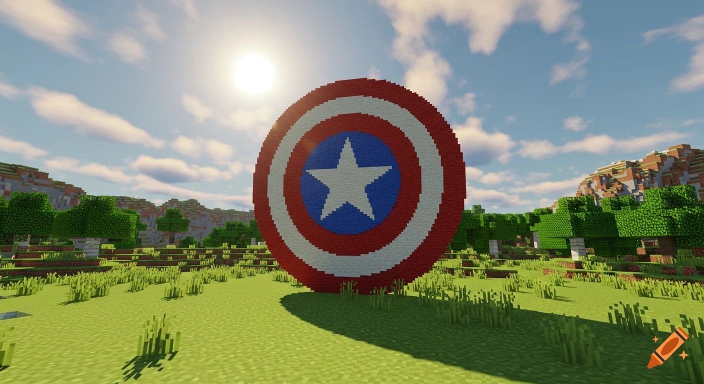 A giant Captain America shield built from blocks stands in a sunny Minecraft landscape with grass, trees, and mountains.