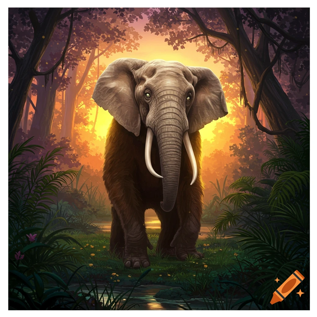 An illustrative fantasy image of a large creature with an elephant head and tusks and a furry, brown body, standing in a lush jungle with a vibrant sunset behind it.