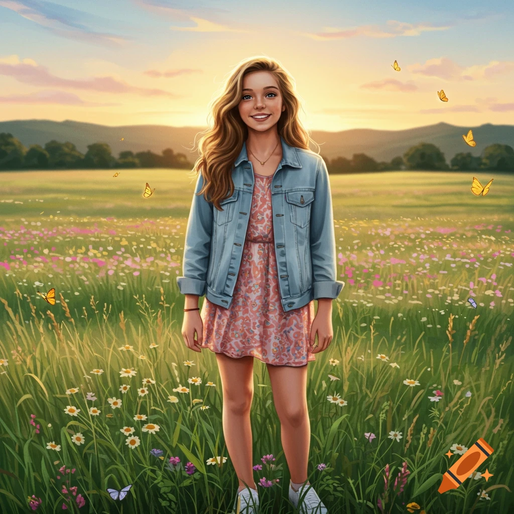 Smiling girl with long hair in a floral dress and denim jacket standing in a sunny wildflower field at sunset, illustration.