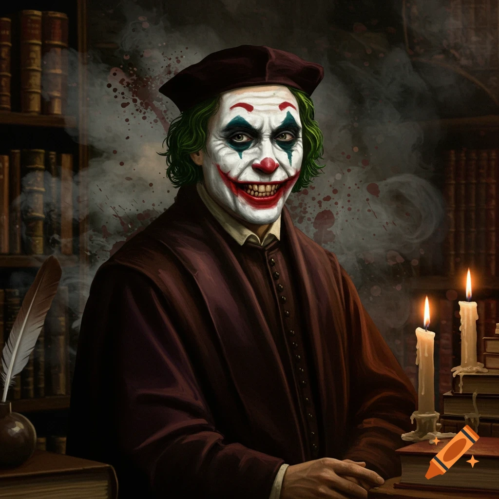 A painting of a man with Joker makeup, green hair, and a historical brown robe in a dimly lit library with candles.