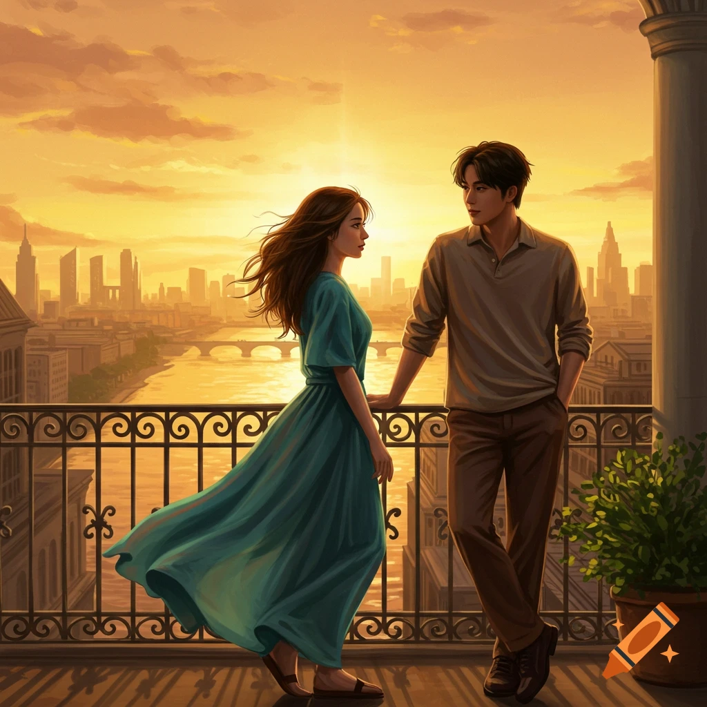 Digital painting of a man and woman on a balcony, gazing at each other over a city skyline at sunset.