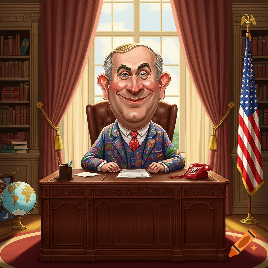 A cartoon caricature of a smiling, large-headed president in a colorful suit, sitting at a desk with an American flag and a globe in an office.