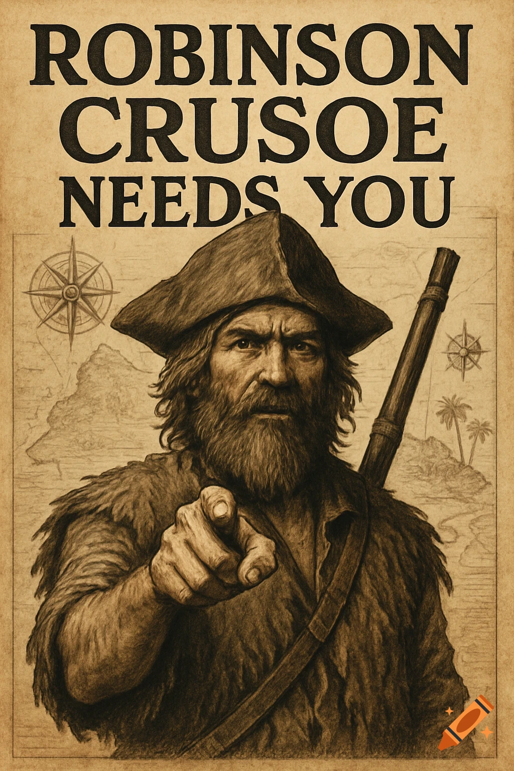 Vintage sepia poster featuring a bearded man in a pirate hat, like Robinson Crusoe, pointing at the viewer with the text 'ROBINSON CRUSOE NEEDS YOU'.