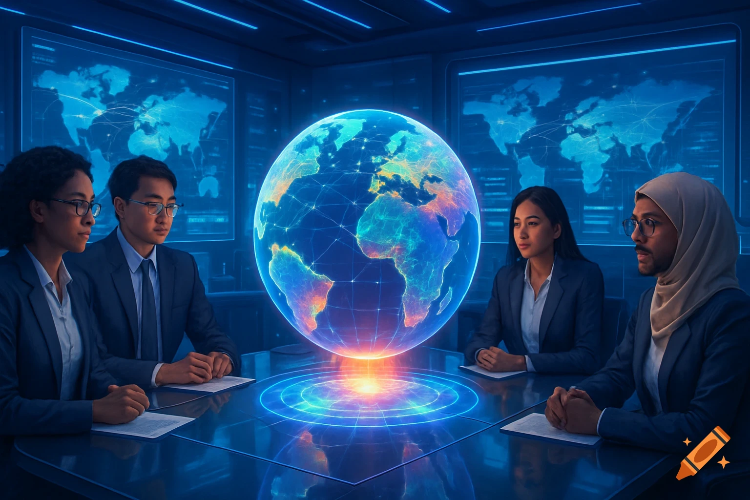 Four diverse professionals in suits sit at a conference table, observing a glowing holographic globe in a futuristic control room with world map screens.