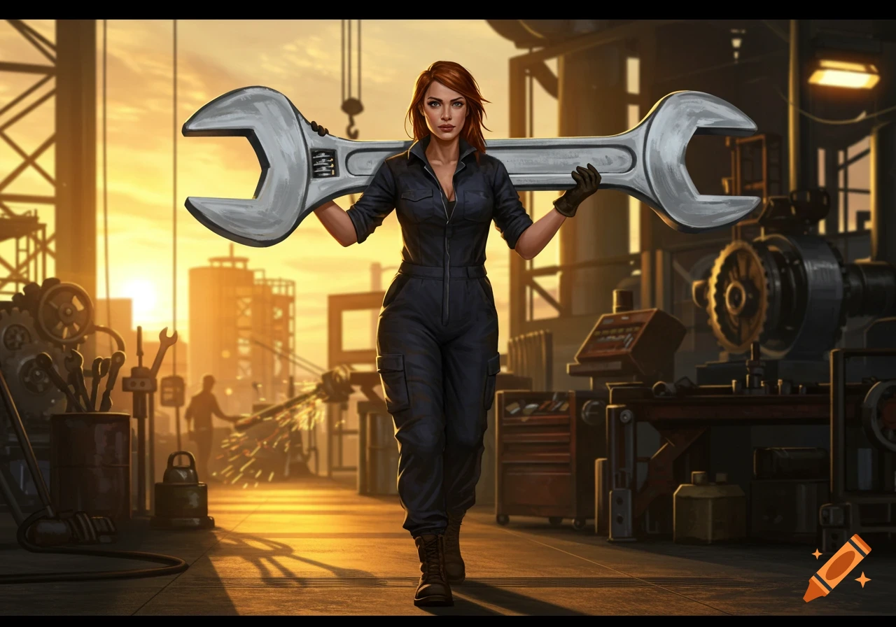 A strong woman in a dark jumpsuit carries a huge wrench over her shoulders in a stylized industrial factory at sunset.