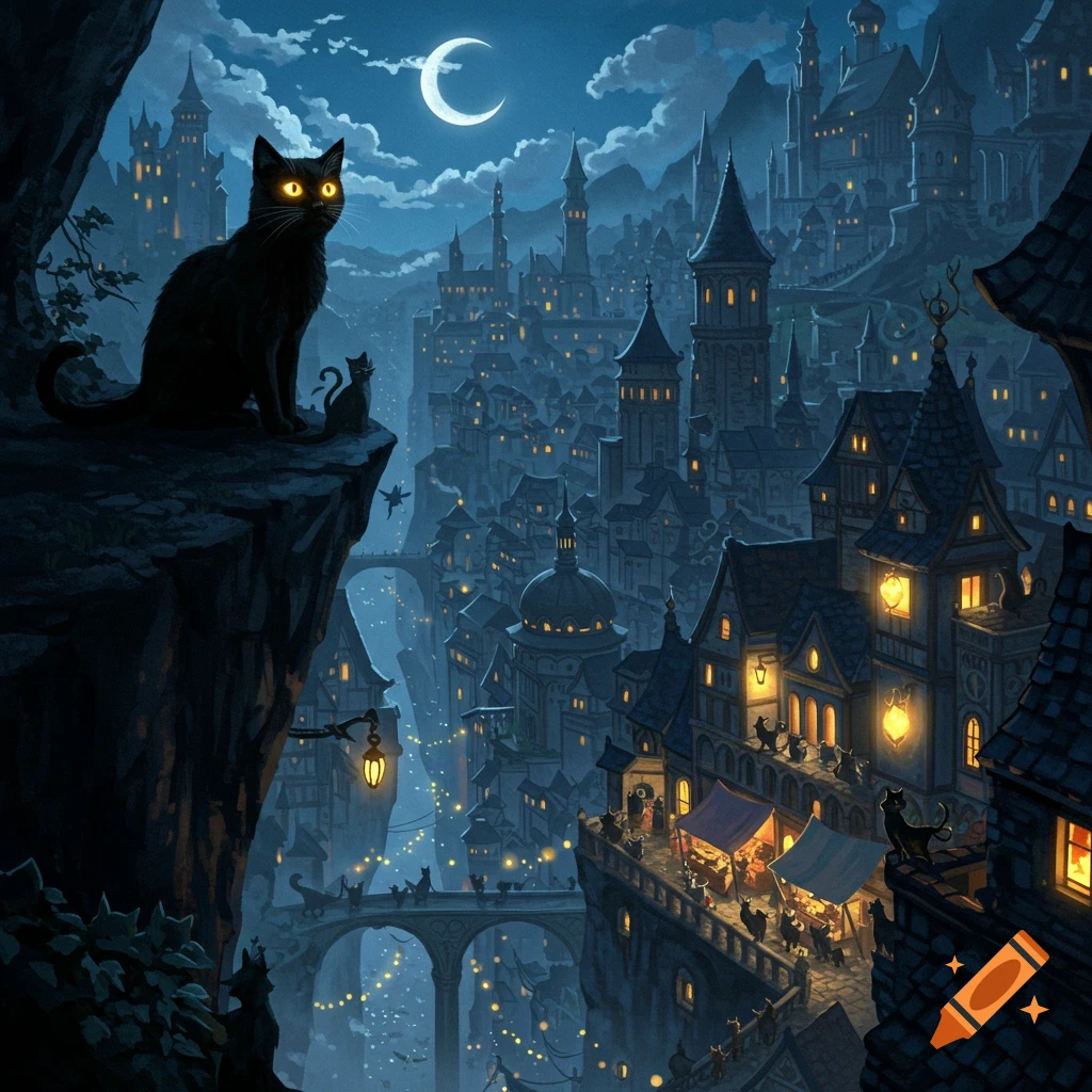 A black cat with glowing golden eyes sits on a cliff, overlooking a sprawling medieval fantasy city filled with lights under a crescent moon.